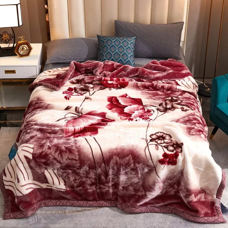 Double Layer Winter Thicken Raschel Plush Weighted Blanket For Bed Warm Heavy Blankets Throw Printed Flowers Fluffy Soft Carpet.