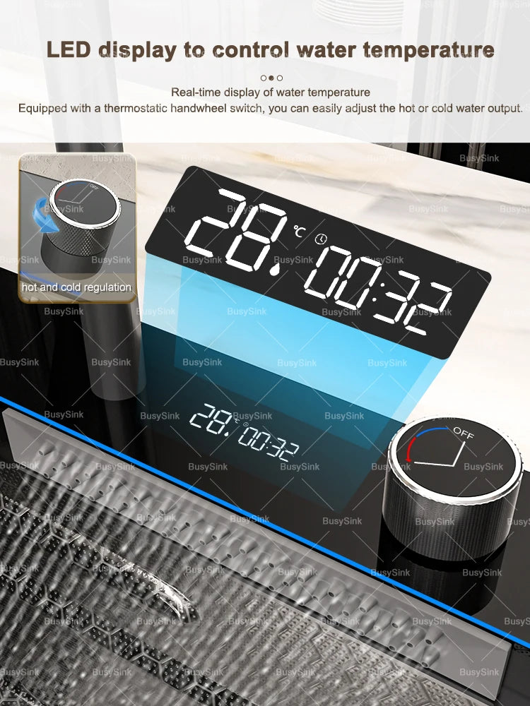 Küchenspüle aus Edelstahl mit Wasserfall, extra große Einzelschüssel, Digitalanzeige, multifunktionale Geschirrspülbecken