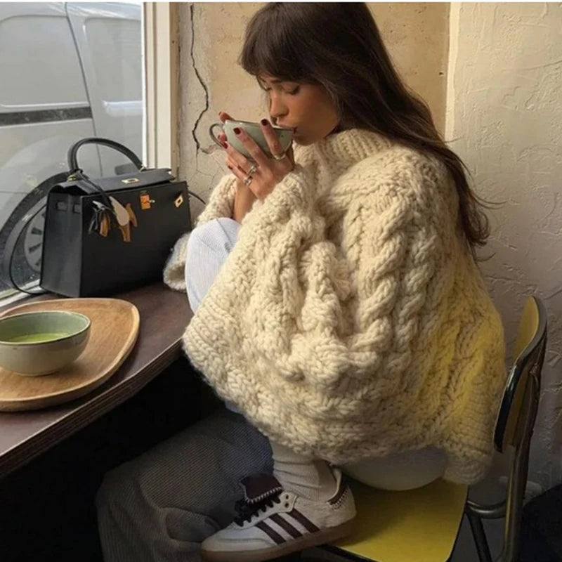 Oversize Stricken Pullover Frauen Casual Faul Rundhals Knick Solide Pullover Weibliche Herbst Winter Lose Ärmeln Strickwaren Dame.