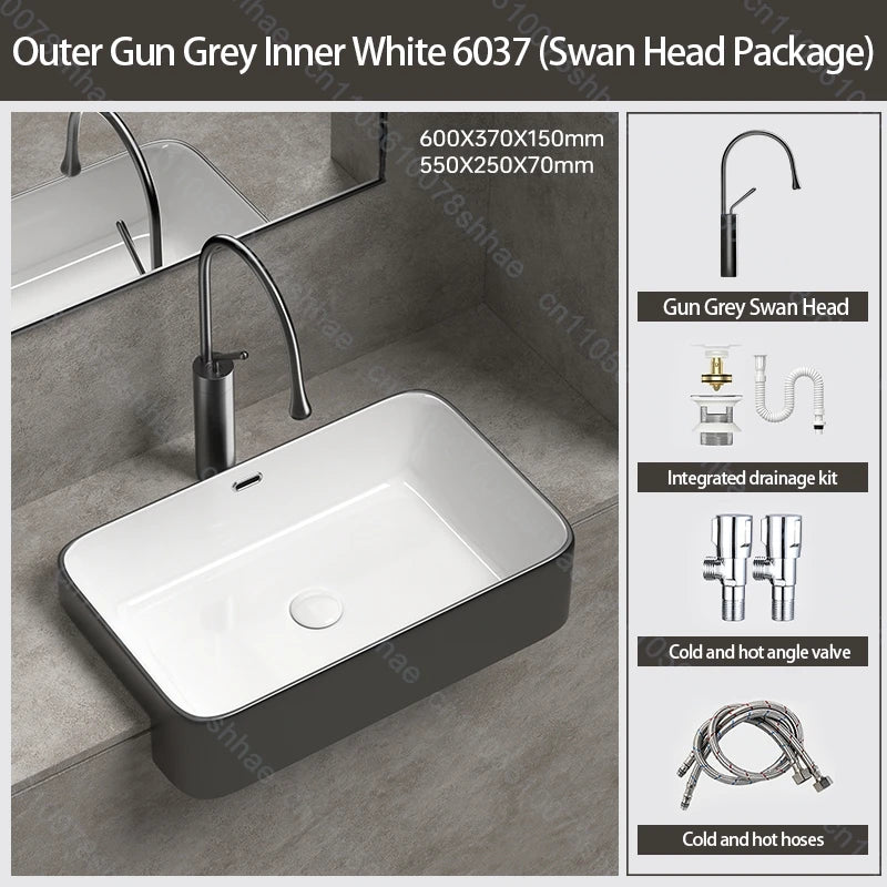 Porcelain Ceramic Vessel Sink with Drain Semi Recessed Vanity Art Sink Wash Basin Bowl for Modern Home Bathroom Decor Washbasin