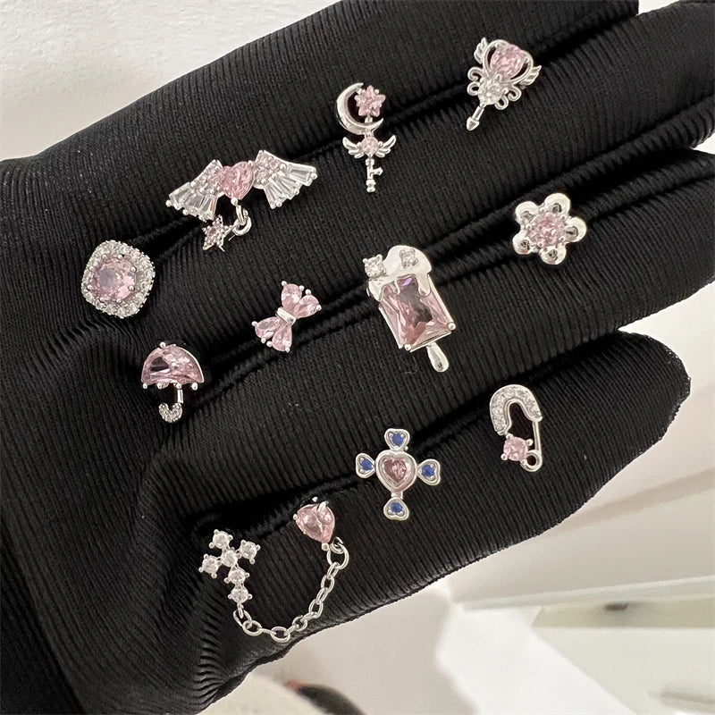 1PCS Cute Pink Zircon 316L Stainless Steel Ear Bone Nail New Fashion Y2K Punk Small Earring for Women Cochlea Jewelry Party Gift.