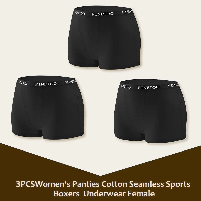 3Pcs Women's Panties Cotton Seamless Sports Boxers Underwear Female Solid Color Briefs Lingerie Intimate Underpant Finetoo S-XXL