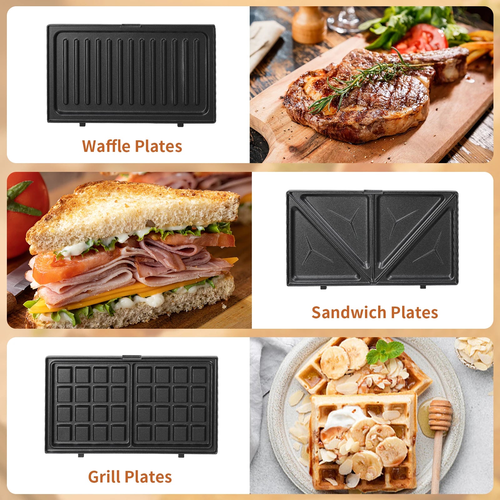 Aigostar Sandwich Maker 3 in 1: Electric Sandwich Maker, Grill and Waffle Maker, 3 Removable Non-Stick and Interchangeable Plates.