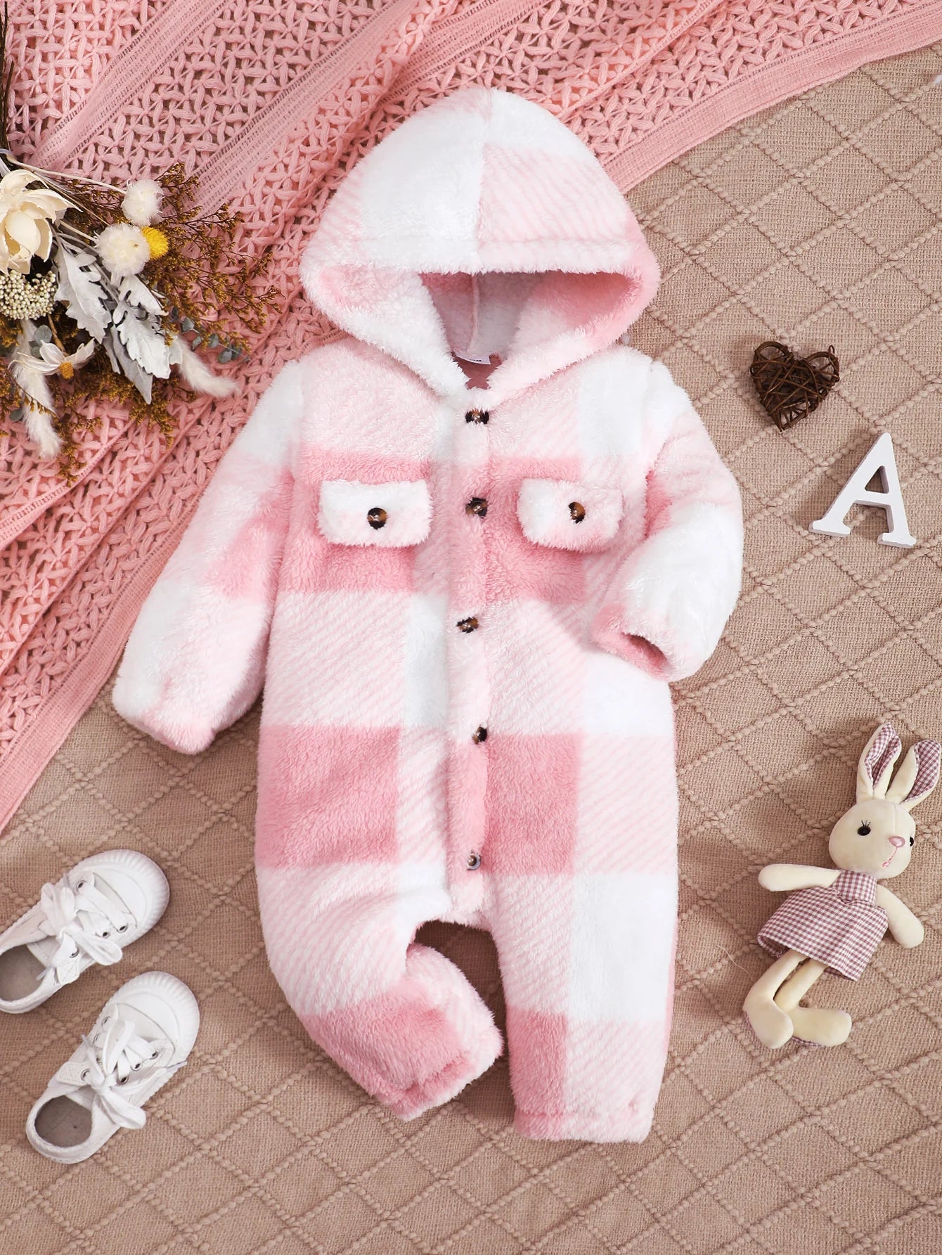 Baby-Strampler für Jungen und Mädchen, kariert, mit Kapuze, langärmelig, Plüsch-Overall, Winter, warmer Body, Kleidung für Kleinkinder im Alter von 3–24 Monaten.