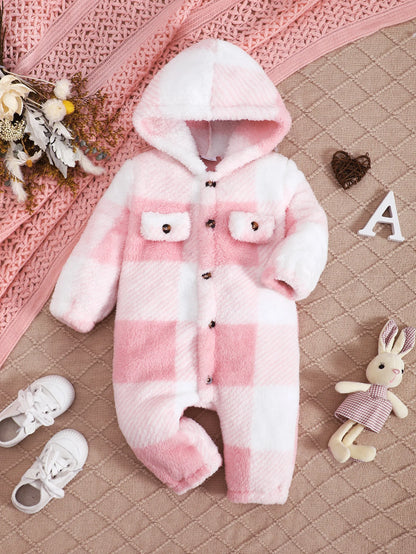 Baby-Strampler für Jungen und Mädchen, kariert, mit Kapuze, langärmelig, Plüsch-Overall, Winter, warmer Body, Kleidung für Kleinkinder im Alter von 3–24 Monaten.