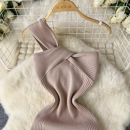 SINGREINY Einzelnen Schulter Tinte Stricken Kleid Backless Tank Gestreiften Schlank Bodycon Sommerkleid Frauen Sommer Beachwear Sexy Chic Vestidos