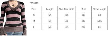 Y2K Grunge Emo 00s Vintage T Shirt Black Grey Striped V Neck Long Sleeve Jumper Tops Chic Women Autumn Retro Mall Goth Tees.