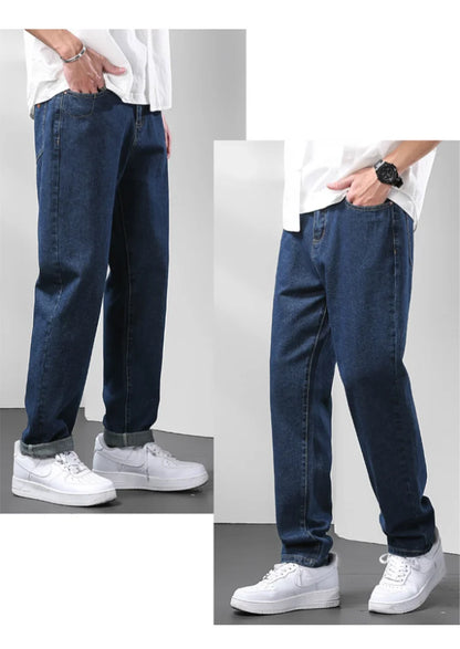 Light Blue American Retro Jeans Men Soft Loose Straight Cylinder High Street Workwear Casual Loose Legs Pants.
