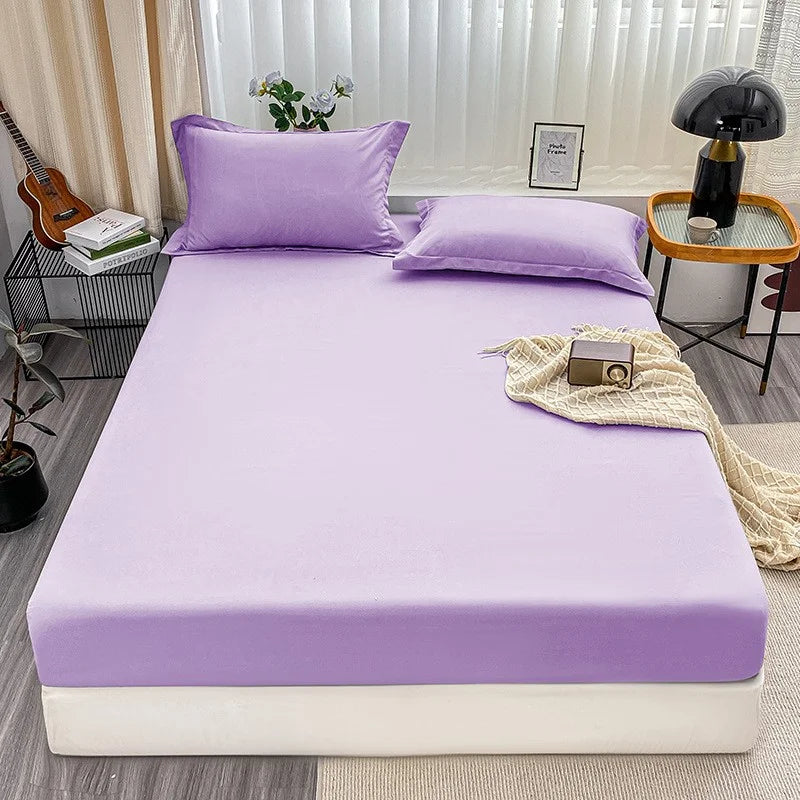 1Pc Fitted Bed Sheet With Elastic Band Solid Color Anti-slip Adjustable Mattress Cover for Single Double (No Pillowcase）.
