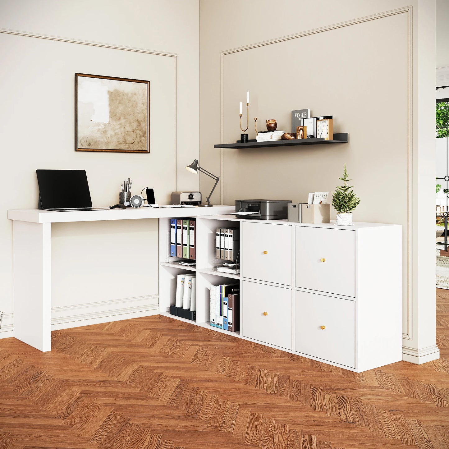 Ecktisch, Tischplatte 360° °   Drehbar – kann in L-förmiger oder gerader Position eingestellt werden, MDF, Schreibtisch und Computertisch