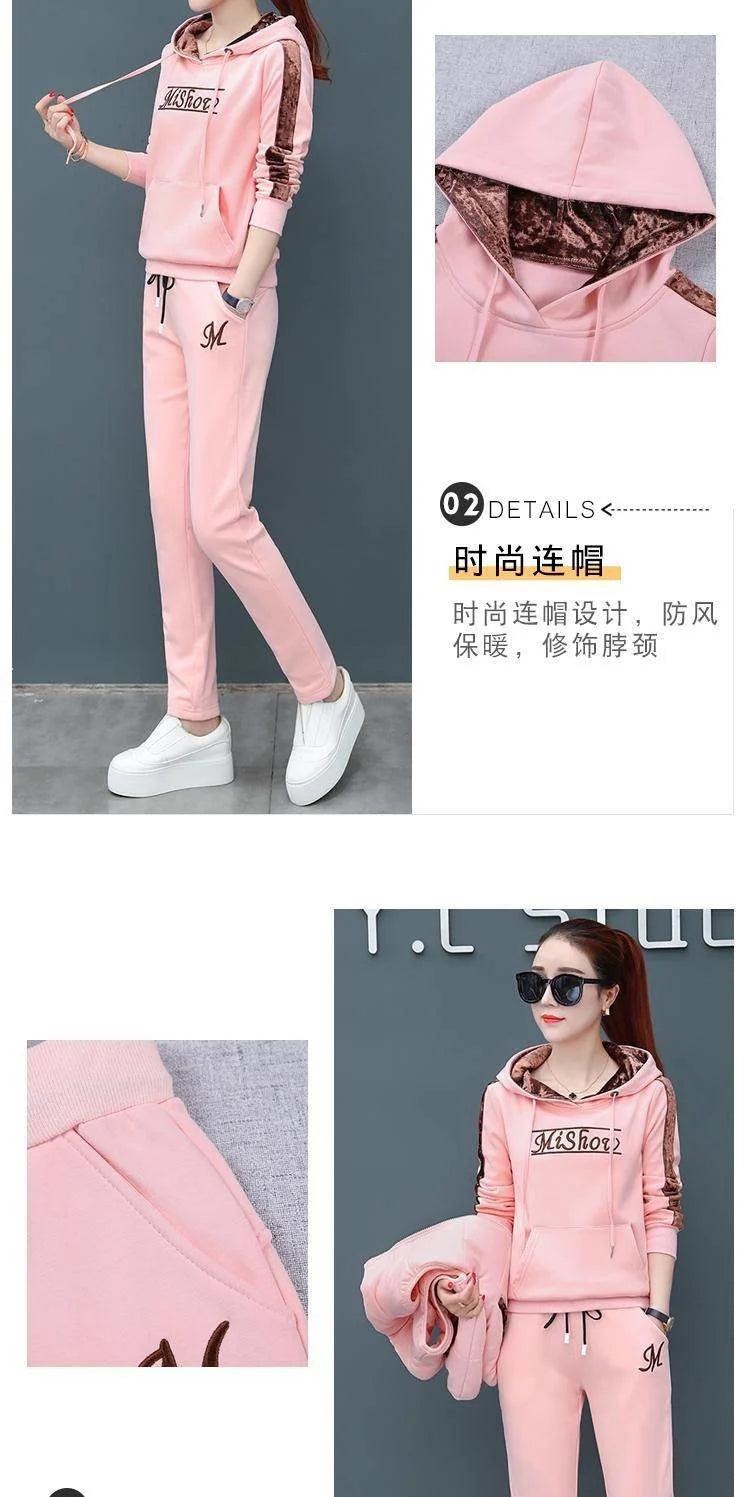 Women's Fashion Plush Thickened Sweat Suit 2025 Autumn Winter New Casual Hooded Tops Waistcoat Pants 3 Three Piece Set For Women.