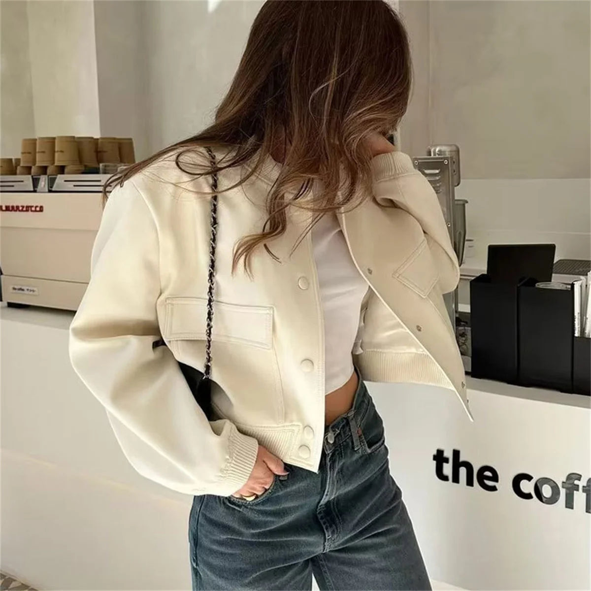 Mode Einreiher Jacke Für Frauen 2025, Herbst Frühling Langarm Tasche Mantel Dame Vintage Lose Streetwear Chic Casual.