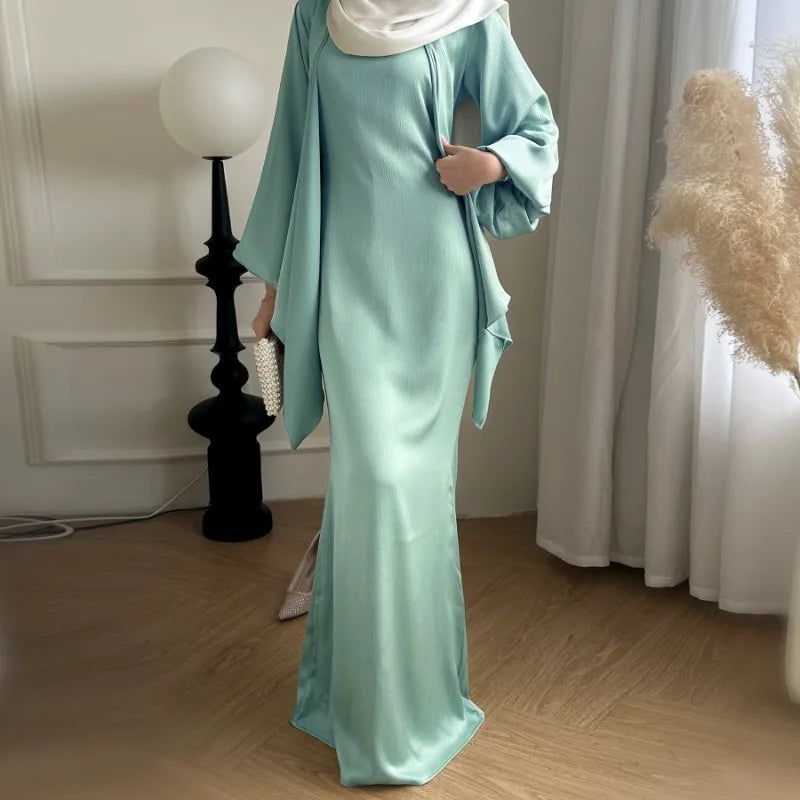 2-teiliges Saudi-Arabien muslimisches Damen-Abaya-Kleid aus Satin für Damen, Islam, Dubai, Urlaub, bescheidene Kleidung, 2024, elegante türkische Robe.