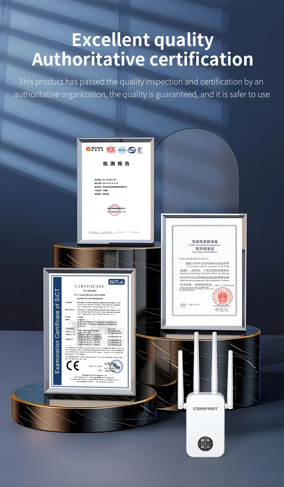 Comfast 1200Mbps Wifi Repeater 2.4/5G Dual-band Wireless WIFI Extender Smart Screen Home Router 4 Antennas WPS/RESET EU Plug.