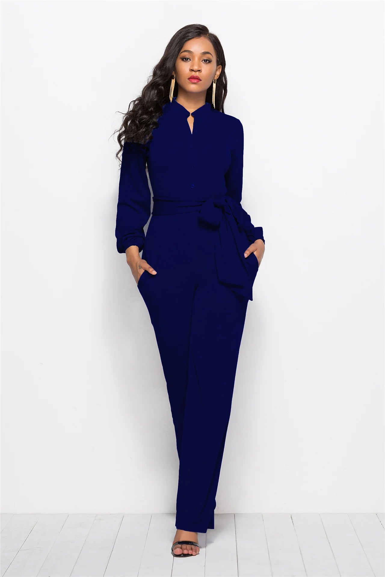 Temperament Solid Color Slim Jumpsuits Women Fashion Long Sleeve Buttons High Waist Leace-up Jumpsuit Ladies Commuting Clothing