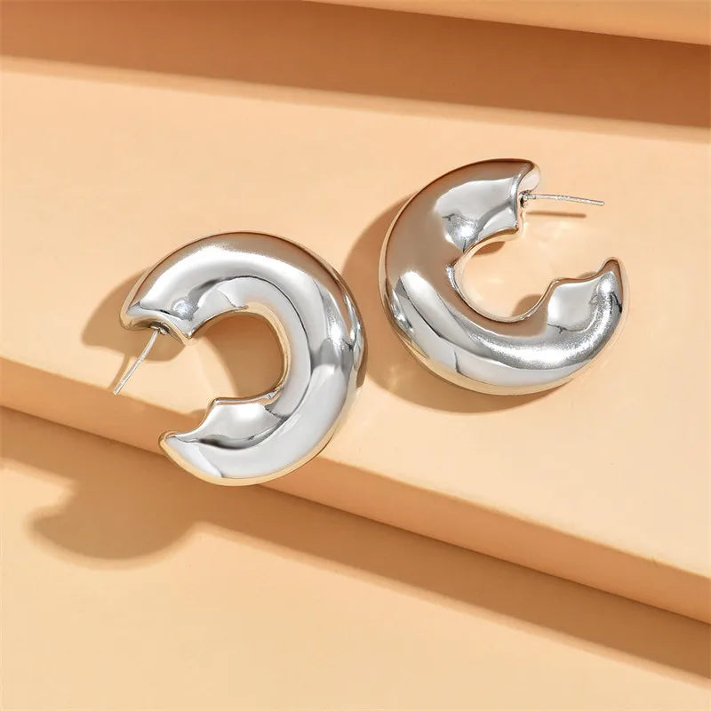 New Retro Chunky C Shape Hoop Earrings Glossy Gold Plated Pvd Circle Round Tube Huggie Hoops Stacked Ear Jewelry.