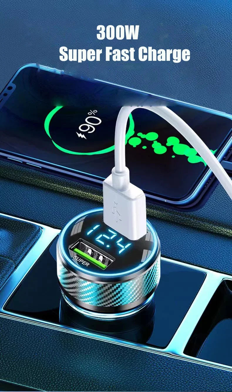 2 in 1 USB Car Charger Adapter 300W Super Fast Charge with Voltage Monitor for iPhone Samsung iPad Huawei Oneplus OPPO VIVO.