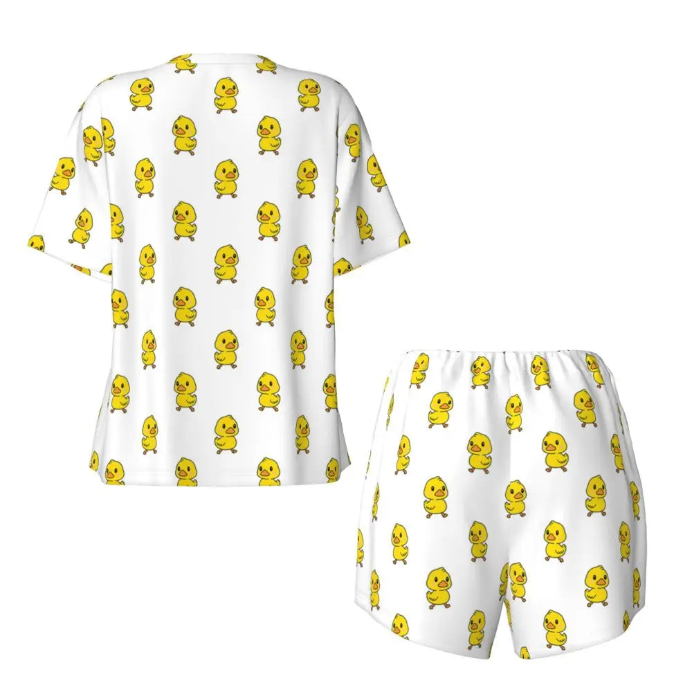 Benutzerdefinierte Frauen Gelb Klassische Gummi Ente Pyjamas Set Gedruckt Zwei-stück Pj Sets Kurzarm Nachtwäsche Loungewear