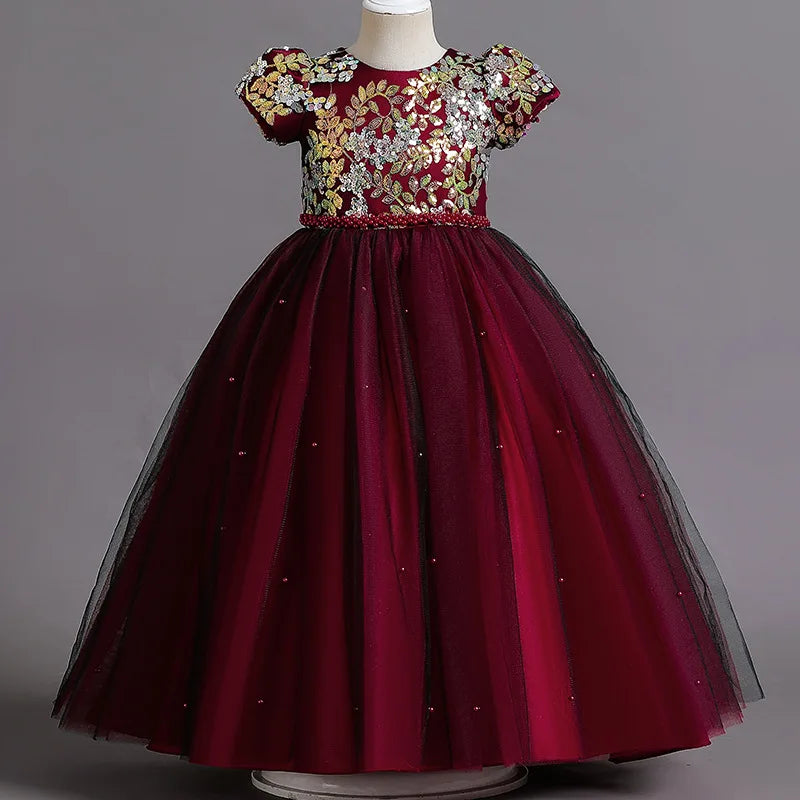 Prinzessin Mädchen Kommunion Geburtstags feier Tanz Leistung Pailletten schwarz Kleid Mädchen Hochzeit Brautjungfer Party Langarm Kleid.