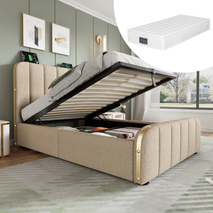 90*200 cm Flachbett, Rahmenbett, Polsterbett Einzelbett, mit gepolstertem Kopfteil, hydraulisches Stauraumbett (mit Matratze)