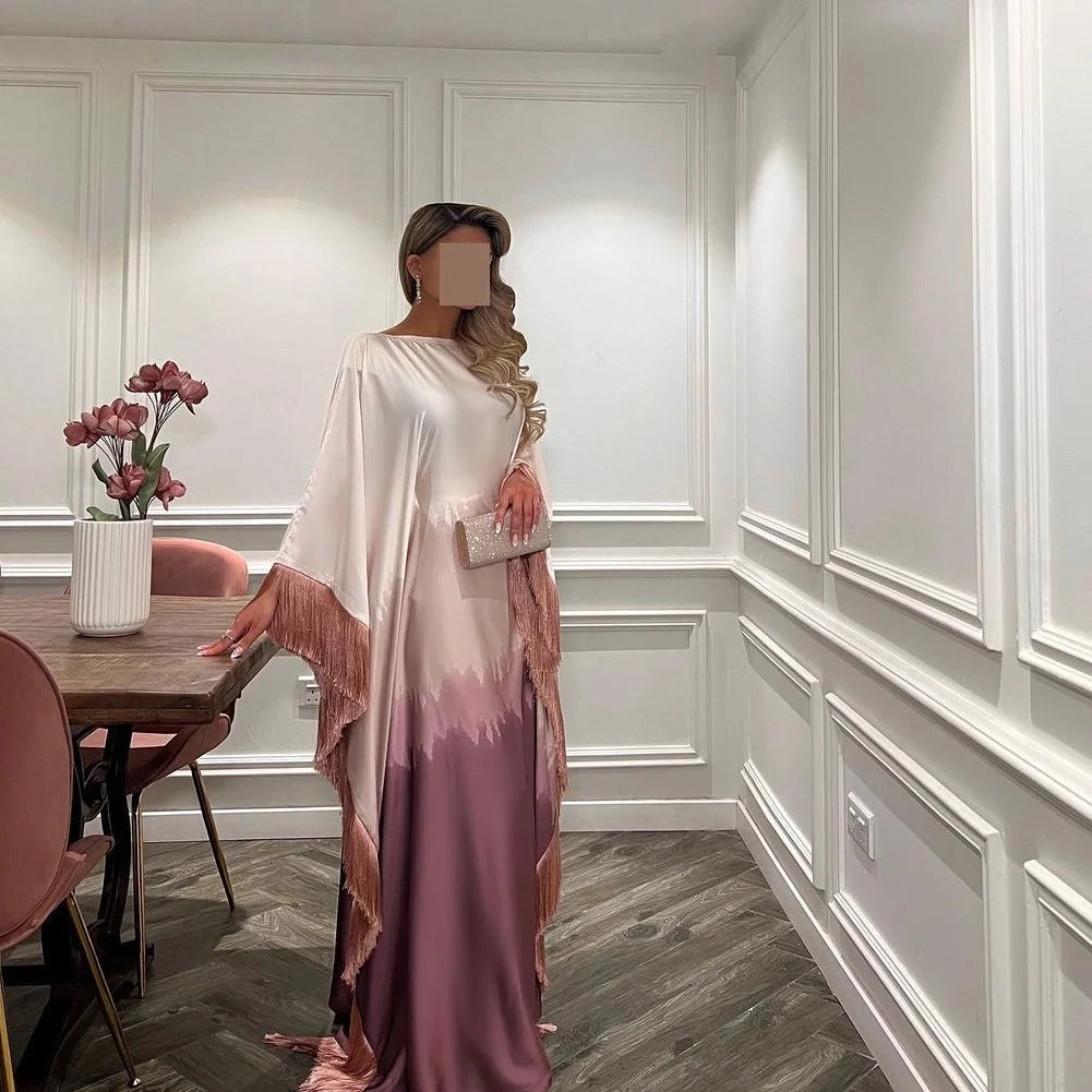 Uni Tassel Gradient Dubai Muslim Abaya For Woman O-Neck Elegant Casual Loose Moroccan Saudi Kebaya Fashion Party Dress 2025.