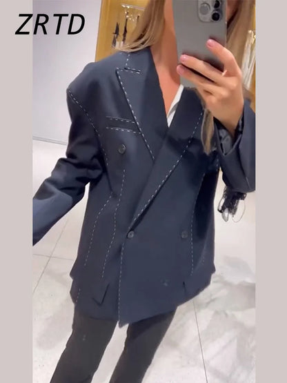 Fashion Line Suit Jackets Pants Sets Women Loose Lapel Double Breasted Blazer Pleated Wide Leg Pant 2025 Autumn Lady Office Suit.