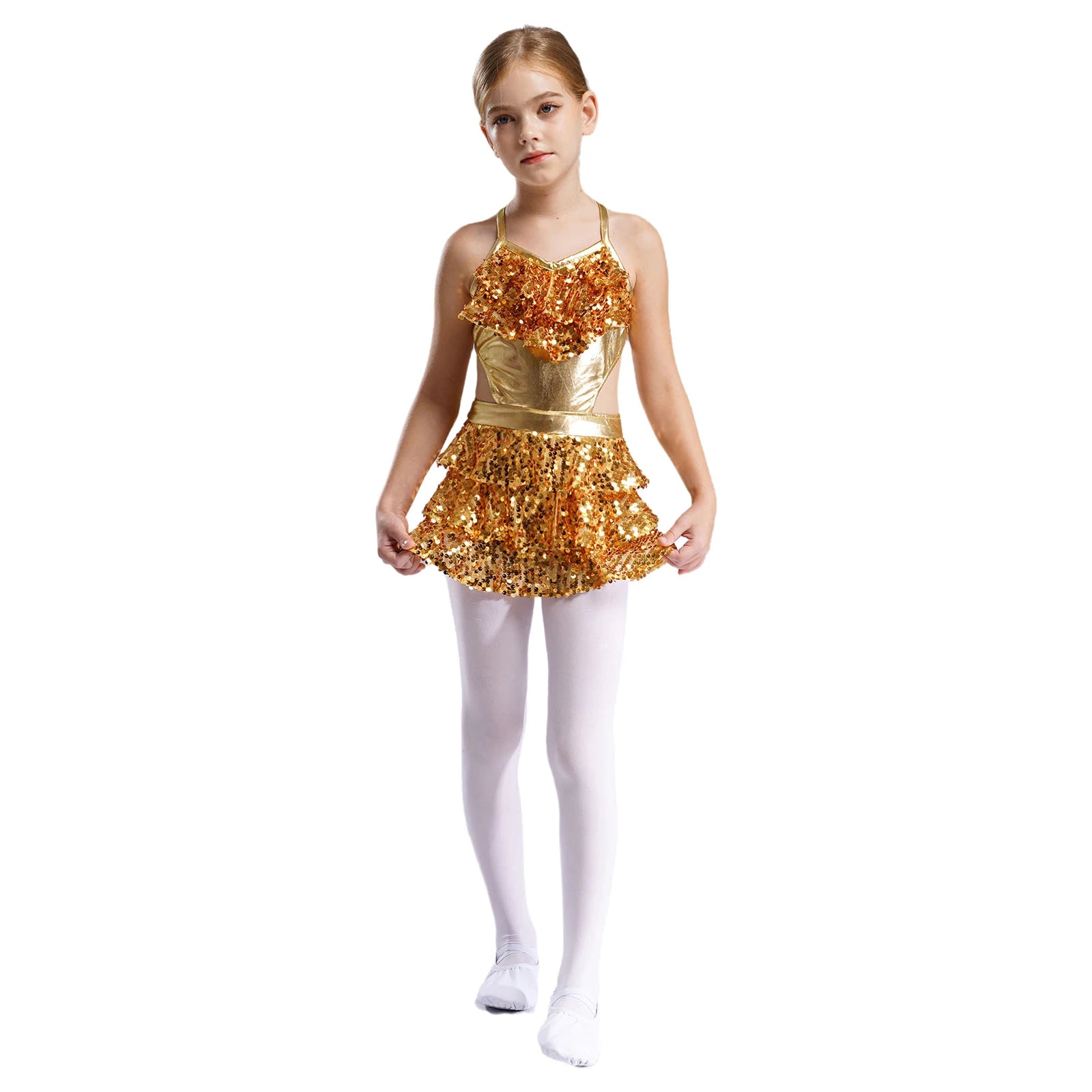 Kinder Mädchen Pailletten Jazz Ballett Tanzkleid Ärmellos Ausschnitt Tiered Rüschen Trikot Salsa Samba Rumba Skating Performance Kostüm.