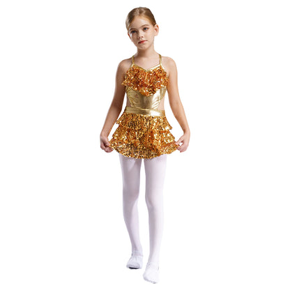 Kinder Mädchen Pailletten Jazz Ballett Tanzkleid Ärmellos Ausschnitt Tiered Rüschen Trikot Salsa Samba Rumba Skating Performance Kostüm.