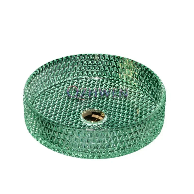 Luxuriöses Waschbecken aus Kristallglas, Badezimmer-Waschbecken, rosa Arbeitsplatte, Kunstbecken, rundes Mini-Schüsselbecken, Waschraum-Waschbecken mit Wasserhähnen