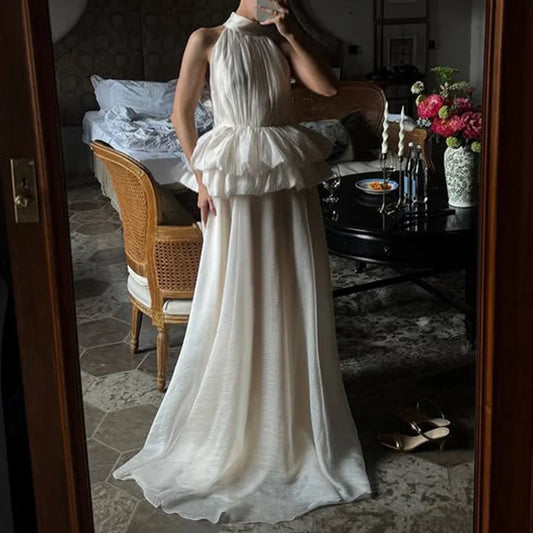 VGH Solide Abend Gespleißt Rüschen Maxi Kleider für Frauen High Neck Ärmellose Tunika Temperament Zeremonie Kleid Weibliche Kleidung.