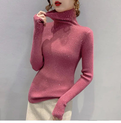 Women Clothing Fashion Elegant Turtleneck Pullover Autumn Winter Solid Slim Long Sleeve Sweater Office Lady Casual Dignified Top.