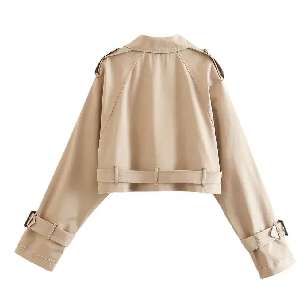 Frauen kurze Blazer Jacken Herbst elegante Vintage einfarbige Langarm Zweireiher Trenchcoat mit Gürtel.