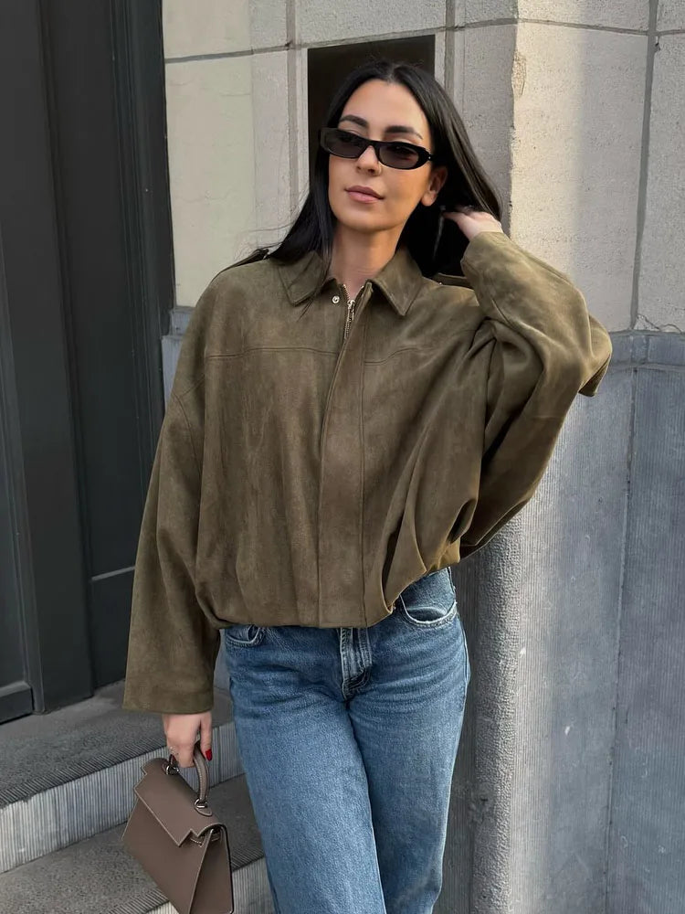 TRAFZA Damen-Jacke mit Wildleder-Textur, High Street, lange Ärmel, Umlegekragen, elastischer Reißverschluss, Knopfleiste, solider, trendiger Frühlingsmantel.