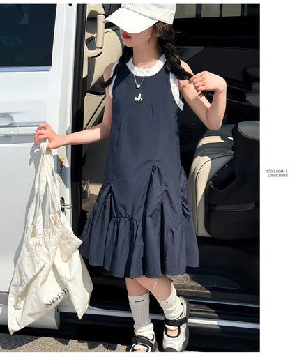 Neues Sommer-Mädchen-Prinzessinnenkleid für Kinder, ärmelloses Kleid mit Rüschen, Design-Kleider für Teenager, Kinder, lässiges Urlaubs-Strandkleid.