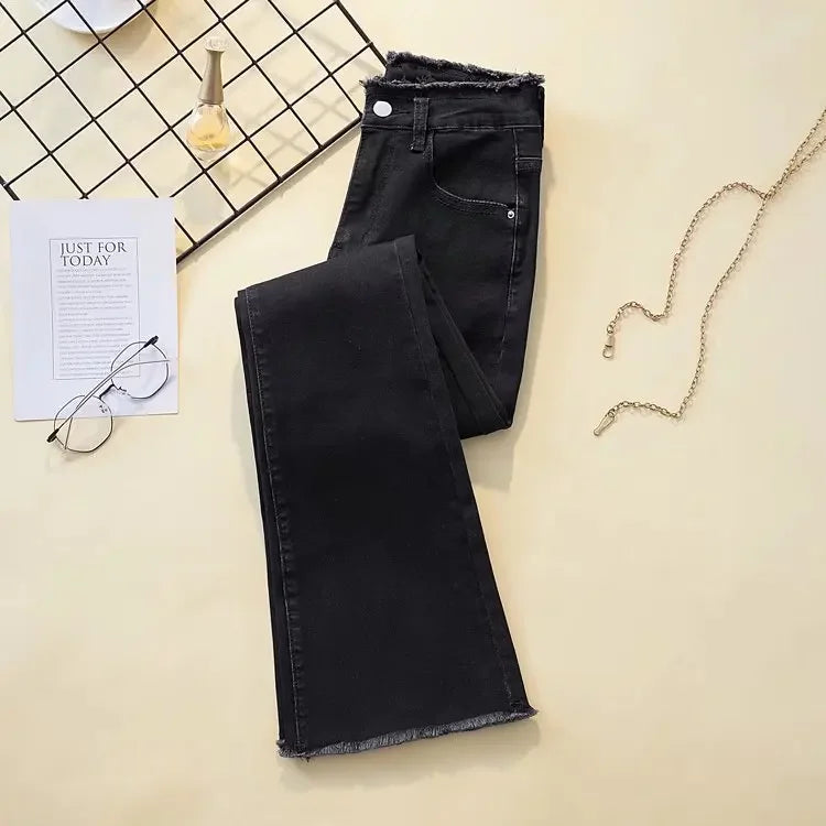 Black High-waisted Elastic Slimming Jeans For Women Micro Flared Straight Leg Loose Fit Wide Leg Fringebell Bottom Pants Trendy.