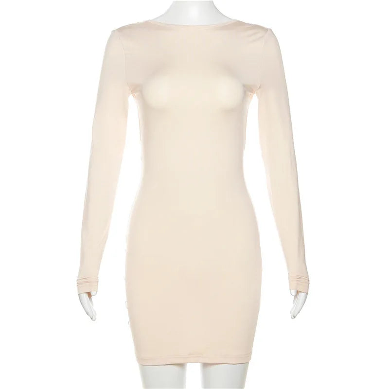 Zahlung Casual Mini Kleid Frauen Prägnante Klassische Backless Volle Hülse O-ansatz Grundlegende Weibliche Bodycon Straße Kleidung.