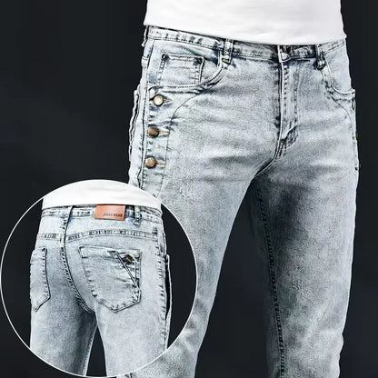 Slim Skinny Jeans Men New Elastic Korean Design Fashion Multi-Button Blue White Vintage Wash Cotton Stretch Denim Pants Trousers.