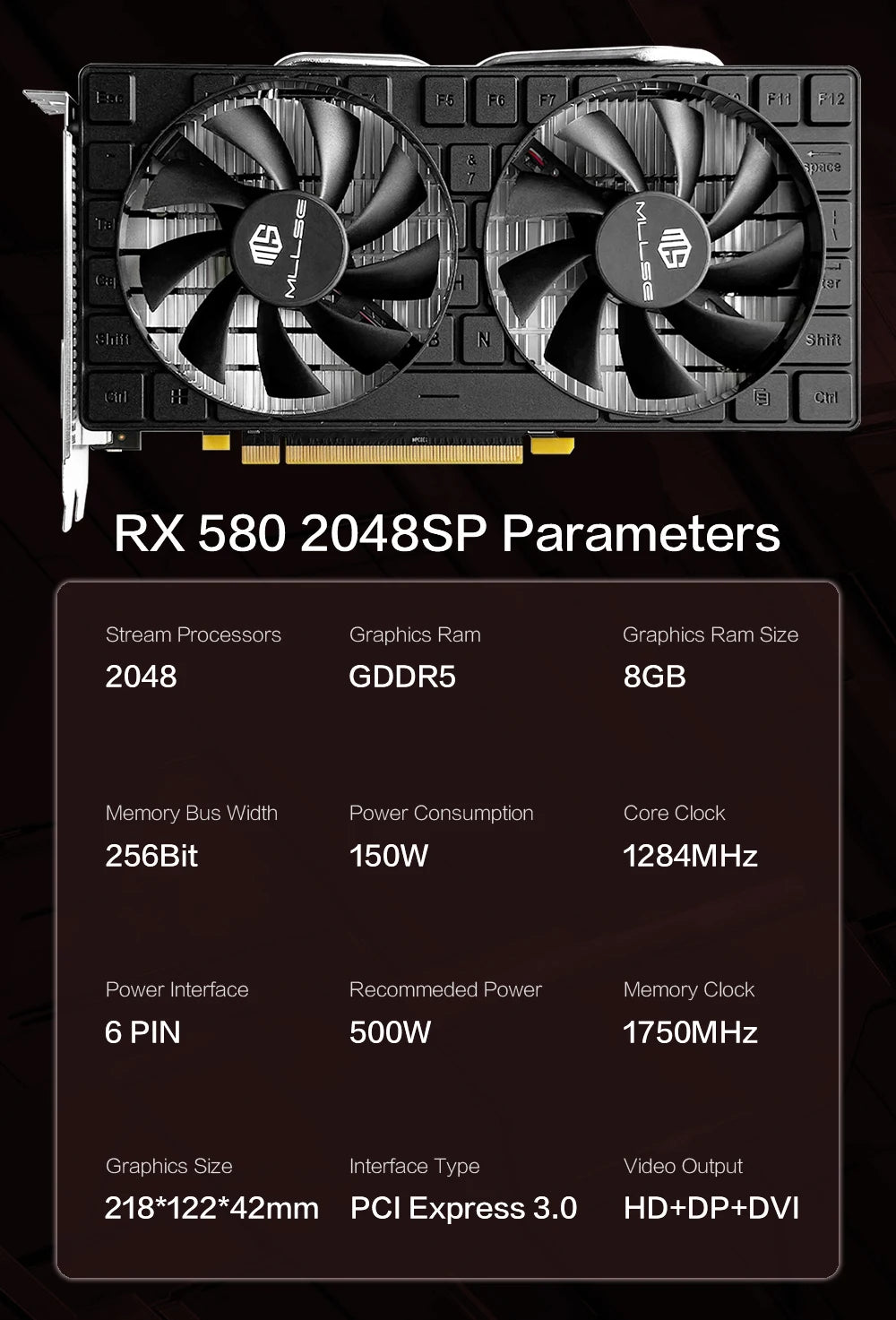 MLLSE AMD RX 580 8GB 2048SP GDDR5 256Bit Gaming Graphics Card 6Pin PCI Express 3.0 ×16 Game Radeon GPU rx580 8g.