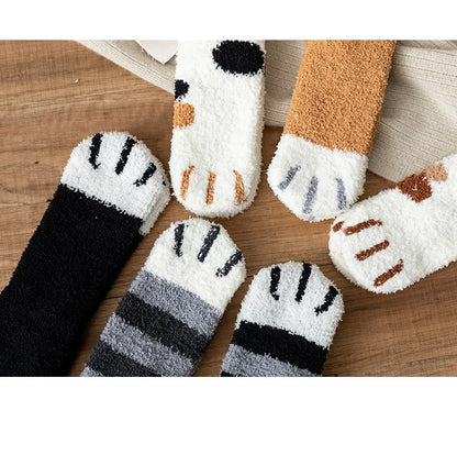 Women Socks Winter Warm Fluffy Socks Cute Animal Claw Cat Paw Footprint Fuzzy Socks Thicken Coral Fleece Home Floor Sleep Socks