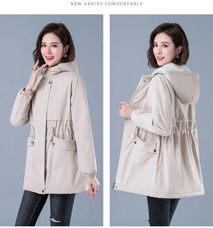 Fleece-gefütterte Kapuze, Daunenjacke, Wintermantel für Damen, warme, mit Kordelzug gepolsterte Parkas, mittellanger Mantel, Streetwear, gepolsterte Kleidung