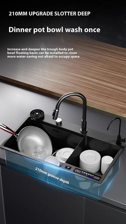 Stainless Steel Smart Water Catalyst Sinks large Double slot Purification Sterilized Fruit Dishwashing Kitchen Sink