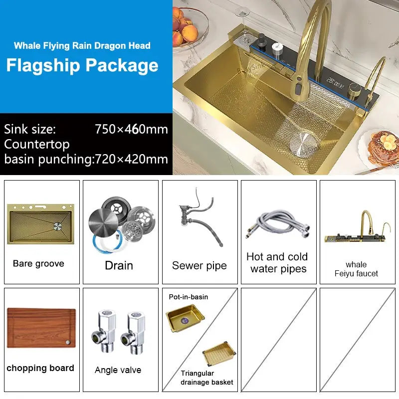 Stainless Steel Silver Kitchen Sink Multifunction Waterfalls Intelligent Digital Display Faucet Household Large Single Slot