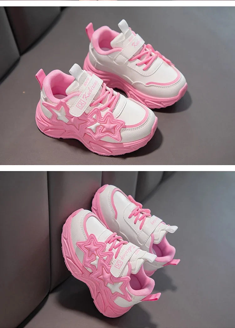 Children Casual Shoes for Girls Fashion Classic with Stars Girls Sports Running Sneakers Breathable PU + Rubber Anti-skid Soft.