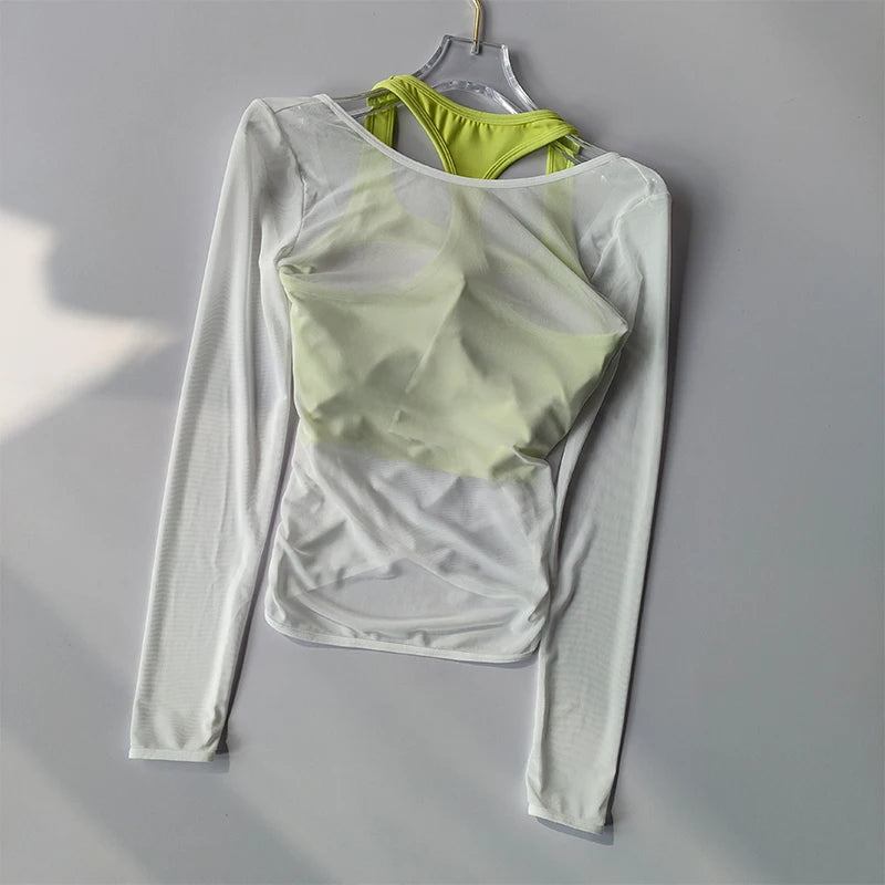 Sexy Mesh Slimming Yoga Suit for Women Gathering Together Sports Bra Fake Two Pieces of Quick Drying Training Pilates Cover Up.