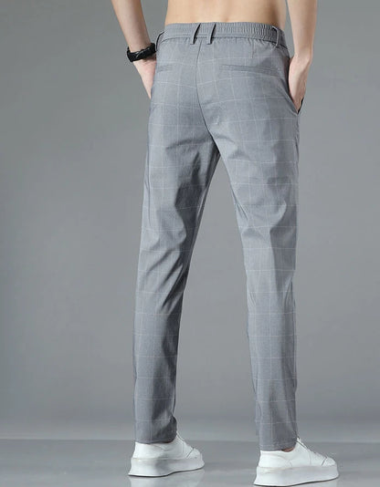 Male Suit Trousers Check Cooling Ice Silk Plaid Straight Up Clothes Offer Slacks Designer Men's Summer Pants Fabric 2025 Classic.