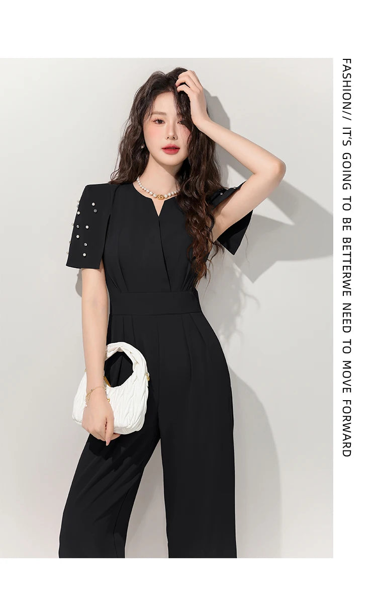 Women's Luxury Diamond-Studded Jumpsuit – Slim Fit Wide Leg Palazzo Pants, Autumn Short Sleeve Romper with High Waist.