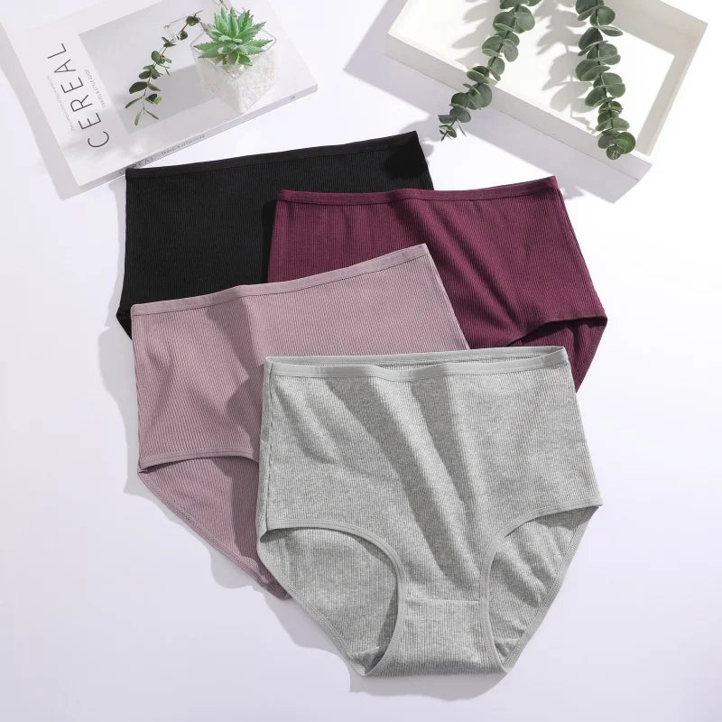 7Pcs Women's Cotton Panties Solid Color Plus Size Briefs Female Mid Waist High Elastic Underwear Cozy Breathable Lingerie S-2XL.