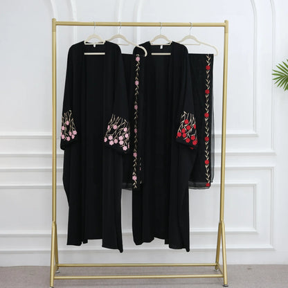 Islamic Clothes Black Flower Embroidery Abayas for Women Dubai Cardigan Muslim Saudi Open Abaya Kimono Luxury Hijab Dress Kaftan.
