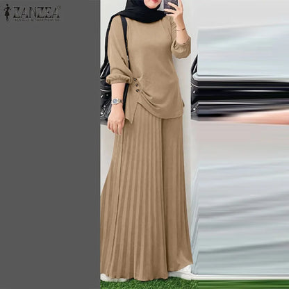 ZANZEA Muslim Sets Fashion 2pcs Women Long Sleeve Blouse Wide Leg Pant Sets Causal Spring Solid Work Outfits Islamic Clothing.
