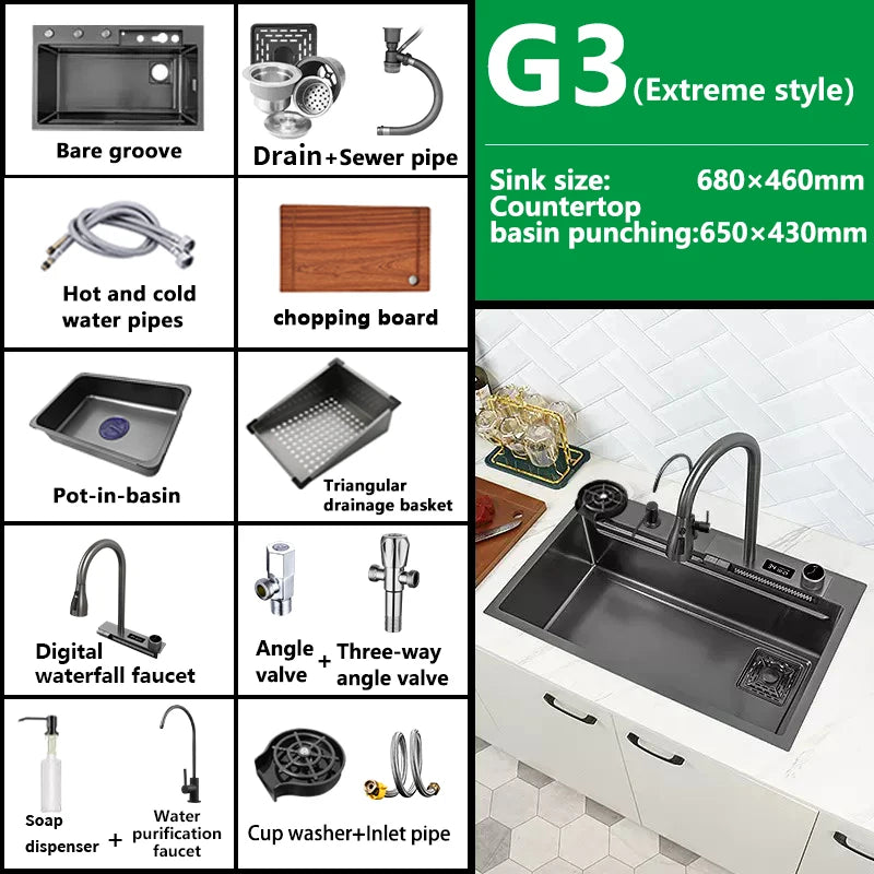 Waterfall Sink Kitchen Stainless Steel Topmount Sink Large Single Slot Wash Basin With Multifunction Touch Waterfall Faucet